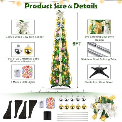 6FT Artificial Christmas Tree with Lights and Timer - Collapsible & Pre-Decorated