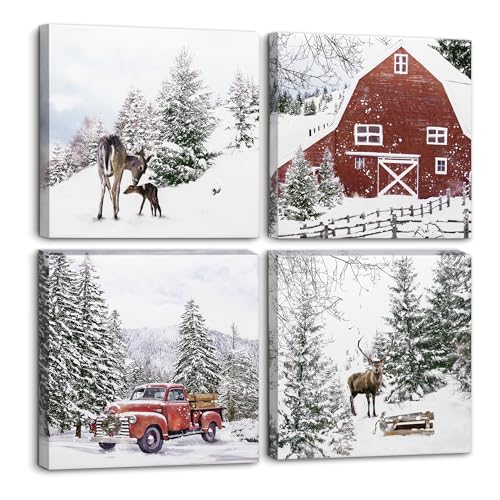 Christmas Canvas Wall Art Decor Set - Snowy Scene Rustic Holiday Prints 12x12 Inches