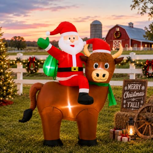 6FT Highland Cow Christmas Inflatable with Santa Riding, Variation: Ox