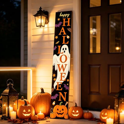 Happy Halloween Ghost Pumpkin Porch Sign 47 Inch Rustic Welcome Sign Black