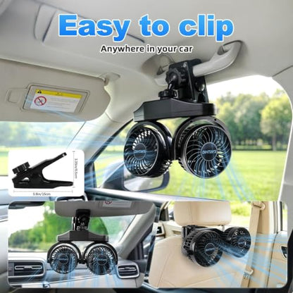 6000mAh USB-C Car Fan Dual-Head Clip-On with Independent Controls