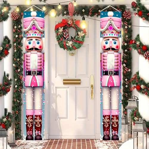Pink Nutcracker Christmas Porch Banner Set - 71x12 Inch Holiday Door Decorations