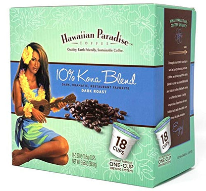 Hawaiian Paradise Coffee 10% Kona Blend Single Serve Cups 18 Count Dark Roast - Made From The Finest Beans - Compatible with Keurig K-Cup Brewers