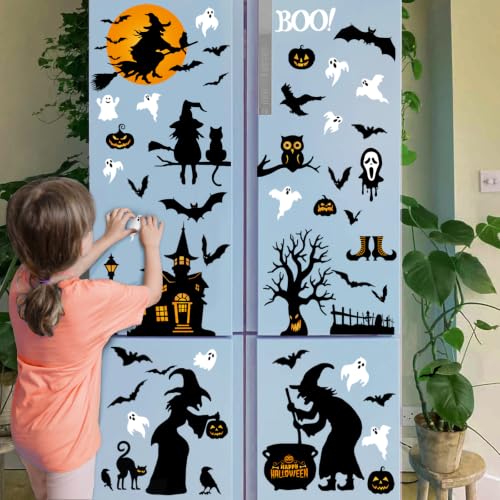 Halloween Window Clings Set - 138 Pieces, 8 Sheets, Ghost Skeleton Bat Decor A4 Variation