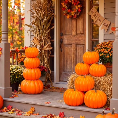 12 Pieces Large Faux Pumpkins for Fall Porch Decor - Orange, 8 Inch
