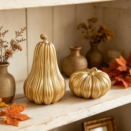 Gold Fall Pumpkin Decor Set - 2 Resin Pumpkins for Thanksgiving & Autumn Styling - Variation Gold-A
