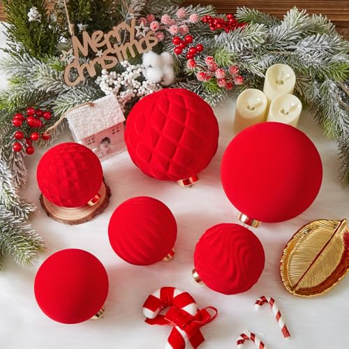 Red Velvet Christmas Ornaments Set of 4 - 4 Inch Flocked Shatterproof Holiday Decor