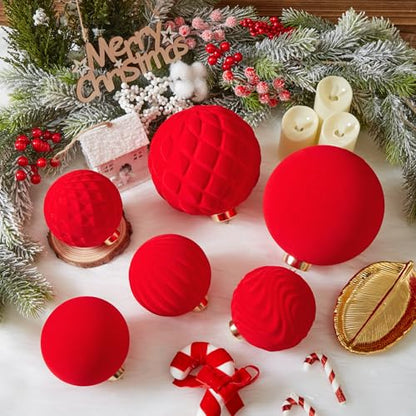Red Velvet Christmas Ball Ornaments - 6 inch Shatterproof Holiday Decor Set (2pcs)