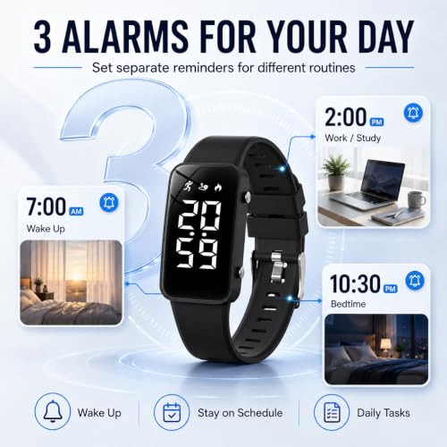 Black Vibrating Alarm Wristband for Heavy Sleepers with Step Tracker