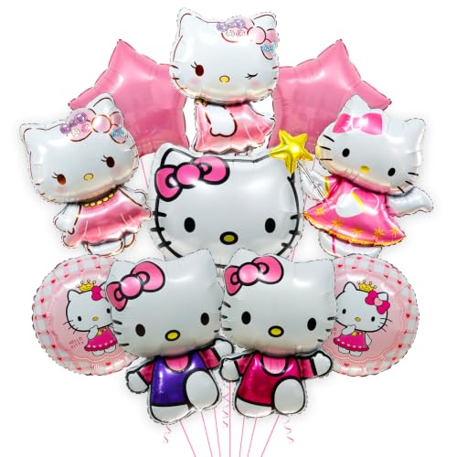 Pink Hello Cat Birthday Balloons - 10 Pack Foil Party Decorations