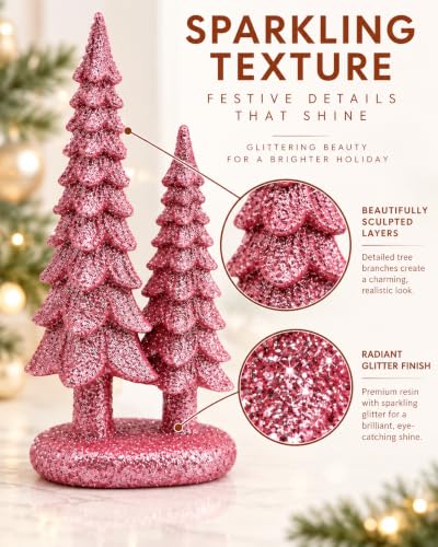 Pink Mini Christmas Tree Figurine Duo - 7-Inch Resin Tabletop Decor - Small