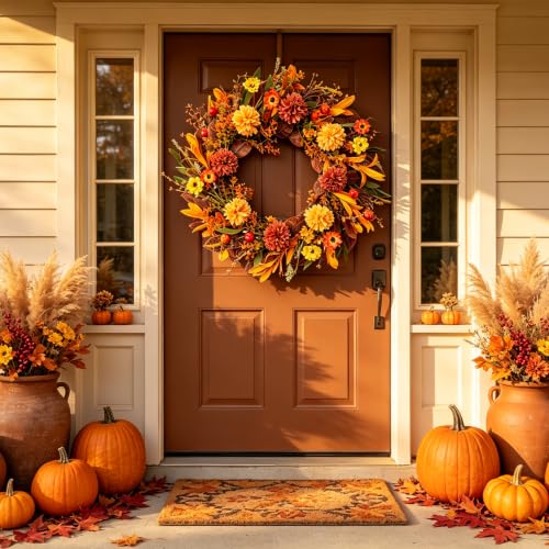 Autumn Orange Hydrangea Wreath - 22-Inch Fall Front Door Decor with Pumpkins & Berry Accents