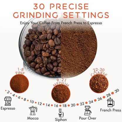 Electric Conical Burr Coffee Grinder with 30 Grind Settings, Anti-Static, Compact Home Use