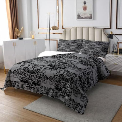 Black Damask Skull Bedspread Quilt Set King Size with Pillowcases - Gothic Vintage Style