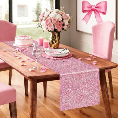 Pink Sequin Table Runner 2 Pack - 12x108 Inch Glitter Fabric for Weddings & Parties