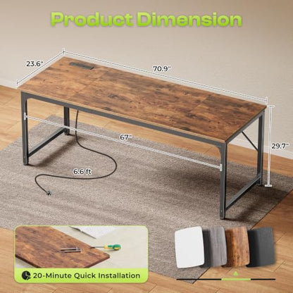 PRAISUN Rustic Brown 70 x 24 Inch Computer Desk with Power Outlets & USB-C - Reversible Setup