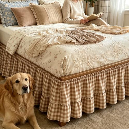 Brown and White Gingham Bed Skirt with Ruffles, 16-Inch Drop