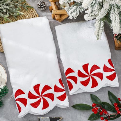 White Christmas Hand Towels Set of 2 - Embroidered Peppermint Candy, Scalloped Edges, 29.5 x 15.7 Inches