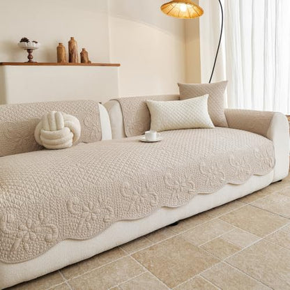 Cotton Quilted Couch Cover for Sofa - Khaki, 35.4 x 47.2 Inches, Rectangular - Farmhouse Style, Non-Slip
