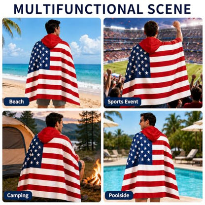 American Flag Hooded Cape Wearable Beach Towel Patriotic Cover Up for Outdoor Events - Variation A