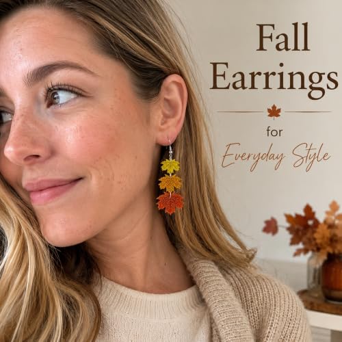 Thanksgiving Fall Maple Leaf Earrings for Women - 3 Layer Autumn Jewelry - Orange Yellow