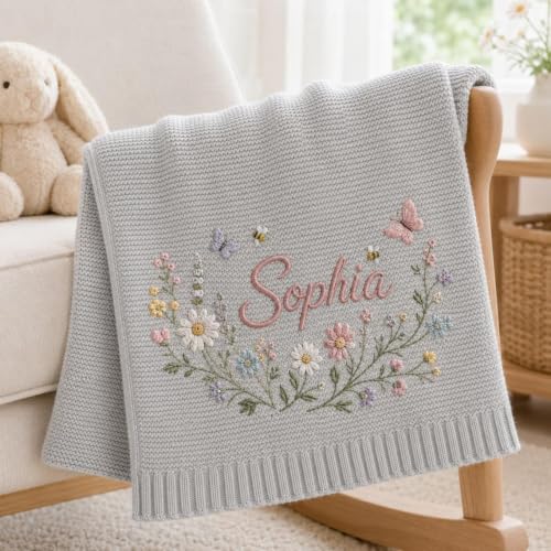 Personalized Baby Blanket - Soft Breathable Cotton Knit with Embroidered Name, Style 7 - Newborn Gift & Baby Shower Present