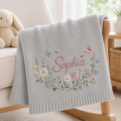 Personalized Baby Blanket - Soft Breathable Cotton Knit with Embroidered Name, Style 7 - Newborn Gift & Baby Shower Present