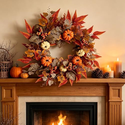 Artificial Fall Wreath for Front Door - Orange-Brown 22-24 Inch Autumn Decor