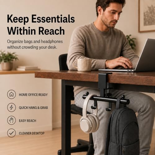 Desk Bag Hook for Desk Black Bag Holder Clamp-On Purse & Backpack Hook