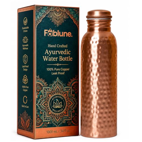 Pure Copper Water Bottle 34oz - Handcrafted Hammered Ayurvedic Drinking Bottle for Daily Hydration