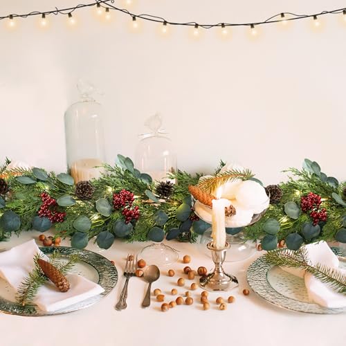 6FT Christmas Garland with Lights - Artificial Pine Cypress Eucalyptus & Red Berries, Style 2
