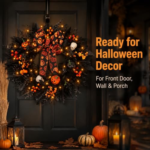 24-In Halloween Wreath for Front Door Black Skeleton Spider Web Decor
