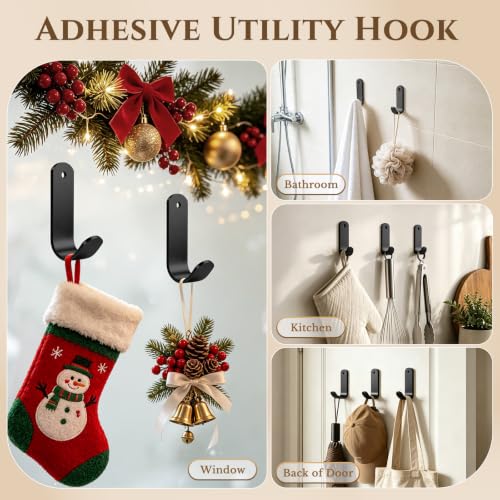 Heavy-Duty Adhesive Wreath Hanger 2 Pack - Black, Reusable Door & Window Hook