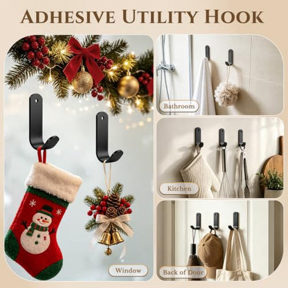 Heavy-Duty Adhesive Wreath Hanger 2 Pack - Black, Reusable Door & Window Hook