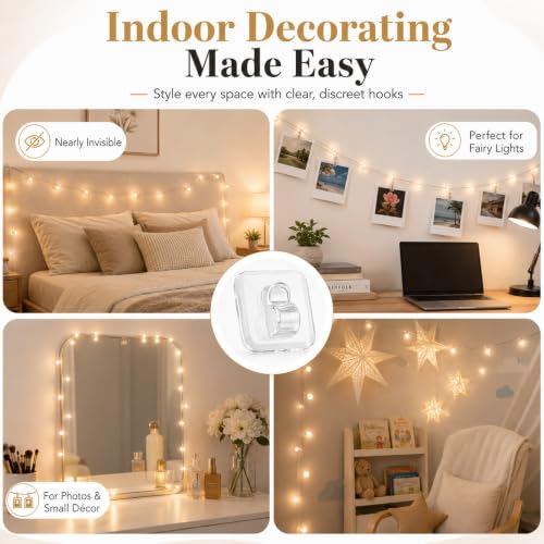 Mini Light Clips with Adhesive Strips - 50 Clear Cable & String Light Hooks