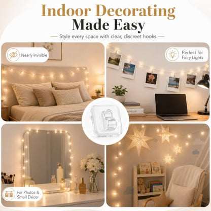 Mini Light Clips with Adhesive Strips - 50 Clear Cable & String Light Hooks