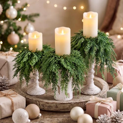 6 Pcs Christmas Pine Draping Candle Rings - 2 Inch Classic Holiday Decor