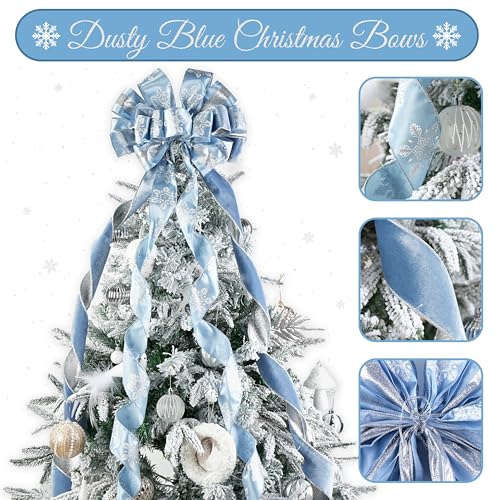 Dusty Blue and Silver Christmas Tree Topper Bow - 13 x 53 Inches - Handmade, Glitter Snowflake & Striped Design