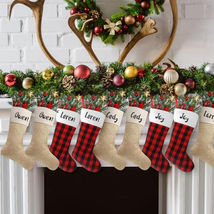 Christmas Burlap Stockings Hanging Set - Light Brown, Red & Black, 12 Pack