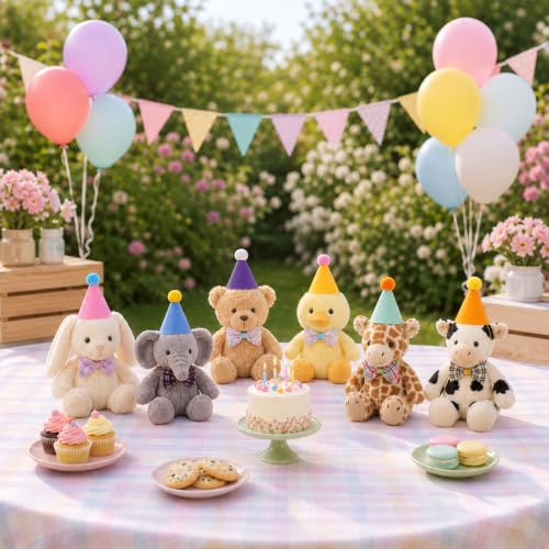 Mini Stuffed Animal Party Hats Set with Balloons & Bow Ties - 18 Pcs