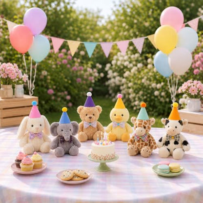 Mini Stuffed Animal Party Hats Set with Balloons & Bow Ties - 18 Pcs