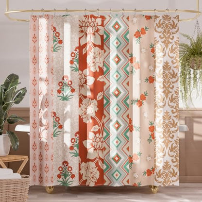 AmazerBath Floral Shower Curtain, 72x72 Washable Cloth Red Boho Flower Shower Curtains for Bathroom, Fabric Aesthetic Bohemia Shower Curtain Set with Hooks, Modern Decorative Stall RV Shower Curtain