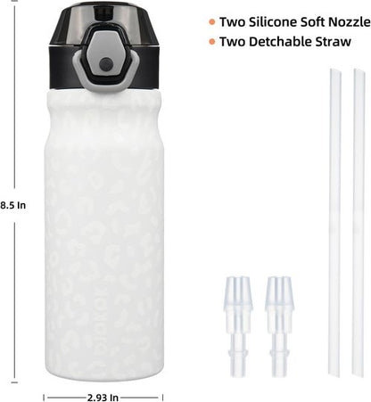 BJPKPK Insulated Water Bottle - 18oz Stainless Steel Flask with Straw, Leak-Proof Lid & Carry Handle | Cream Leopard