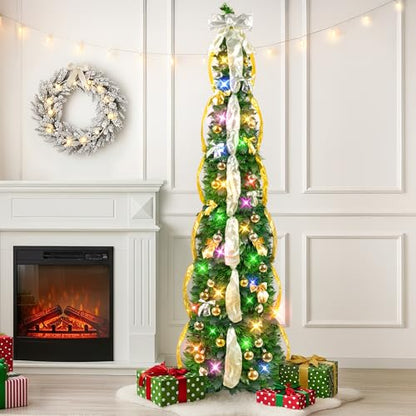 6FT Artificial Christmas Tree with Lights and Timer - Collapsible & Pre-Decorated