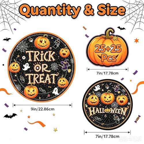 Halloween Trick or Treat Paper Plates Set - 50 Pcs Party Dinnerware with Pumpkin & Ghost Designs