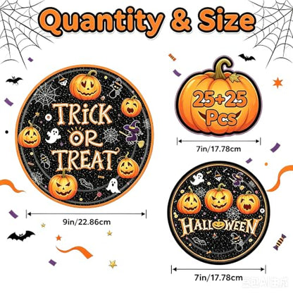 Halloween Trick or Treat Paper Plates Set - 50 Pcs Party Dinnerware with Pumpkin & Ghost Designs