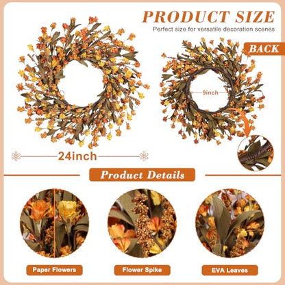 Fall Wreath for Front Door - 24 Inch Handmade Autumn Floral Wreath - Orange Variation