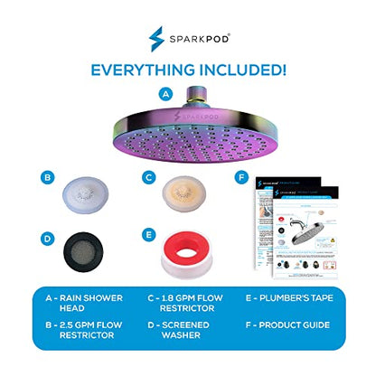 SparkPod Shower Head - High Pressure Rain - Premium Quality Luxury Design - Easy Clean Adjustable Replacement for Your Bathroom Shower Heads (Radiant Rainbow, 8 Inch Round)