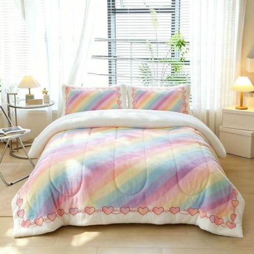 Rainbow Plush Comforter Set Queen Size Fluffy Bedding for Girls - Rainbow 01