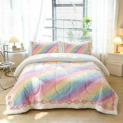 Rainbow Plush Comforter Set Queen Size Fluffy Bedding for Girls - Rainbow 01